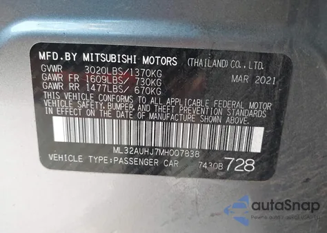 2021 Mitsubishi Mirage Carbonite Edition/Es/Le из США, поврежденный, VIN ML32AUHJ7MH007838